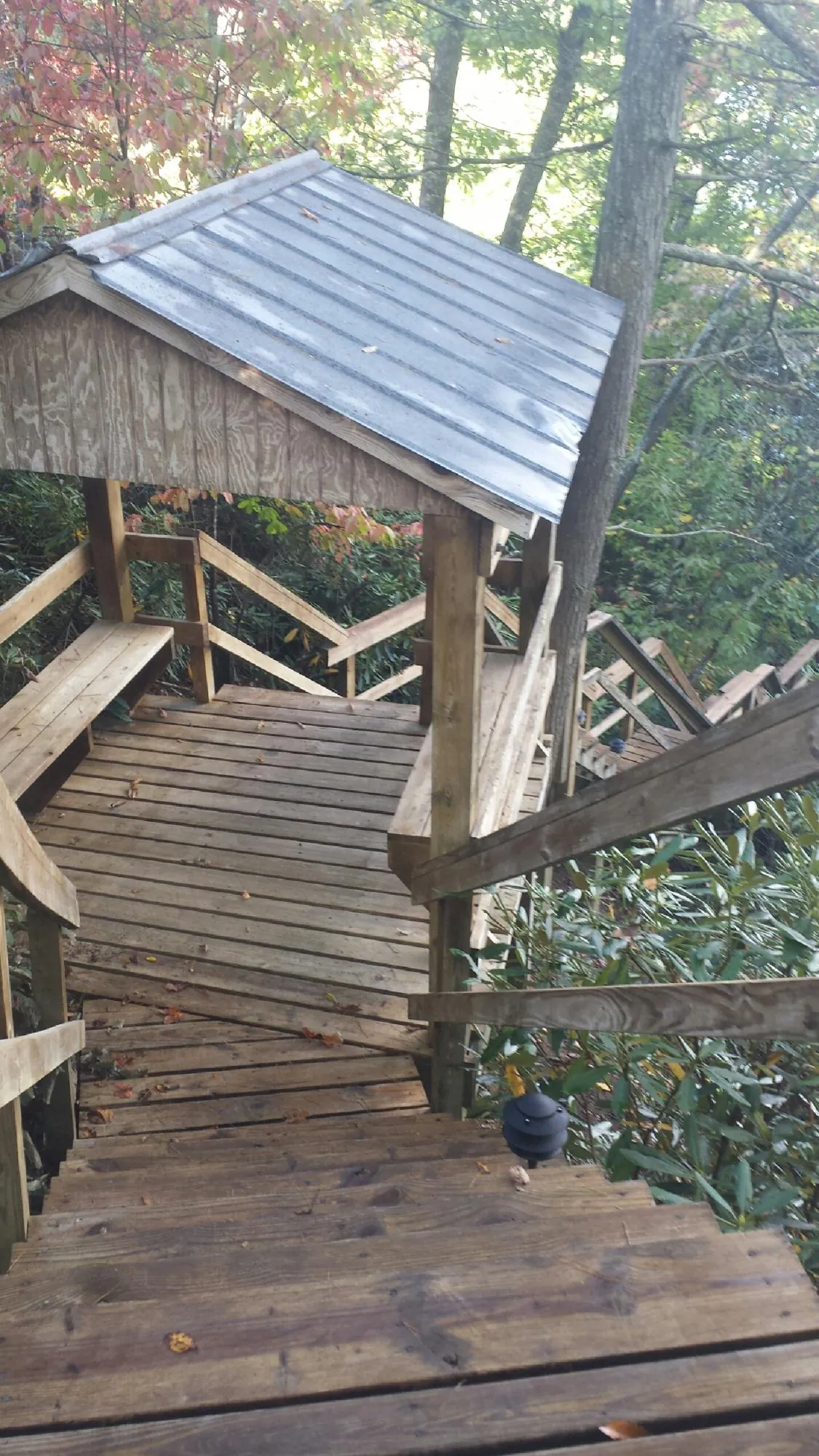 Metal roofed shelter over wooden steps on a wooded walkway — Skylight Repair & Installation work by our crew in Wetumpka